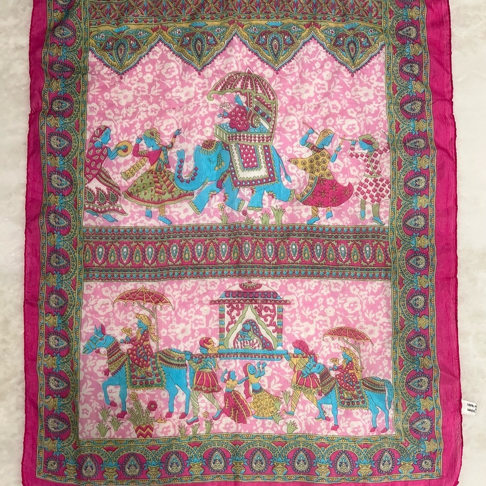 Vintage Silk Scarf Elephants Horses Paisley Pink Made India 18” X 68” Rectangle - Picture 12 of 16